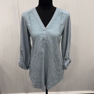 Soft Surroundings Women's XS Blue Linen Blend Embroidered 3/4 Sleeve Tunic Boho